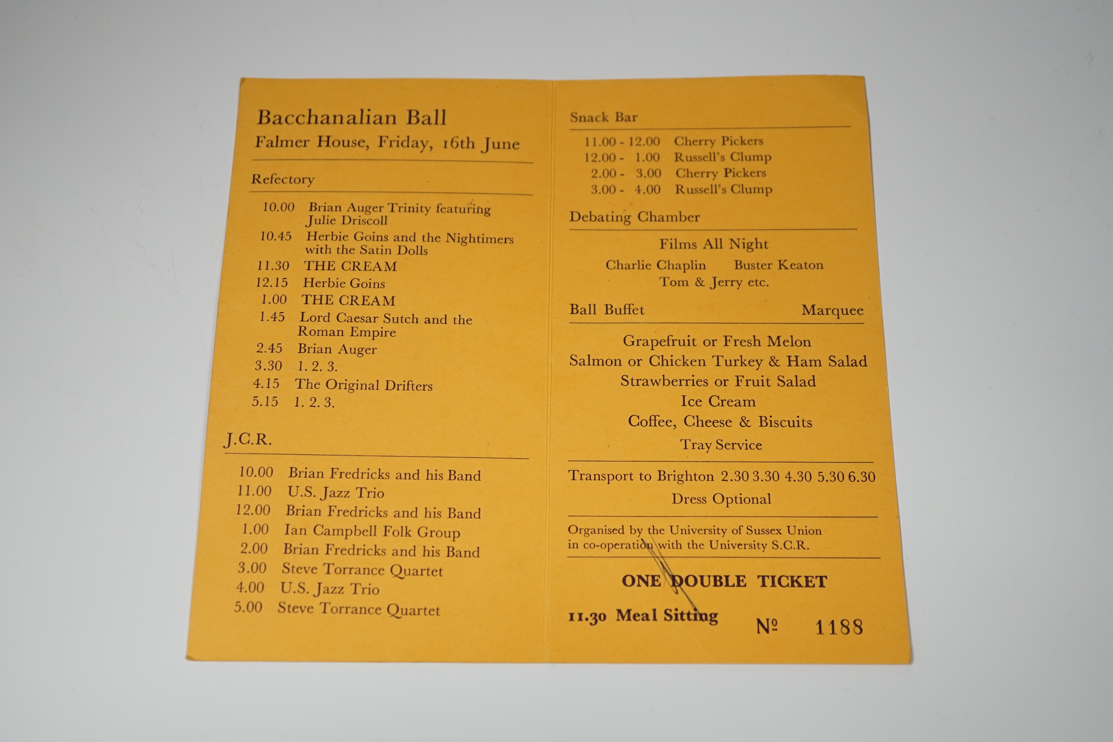 Eric Clapton and Cream interest; a ticket/programme for the Bacchanalian Ball at the University of Sussex, Friday 16th June 1967, programme includes ‘The Cream’ performing two slots in the Refectory at the Falmer House b